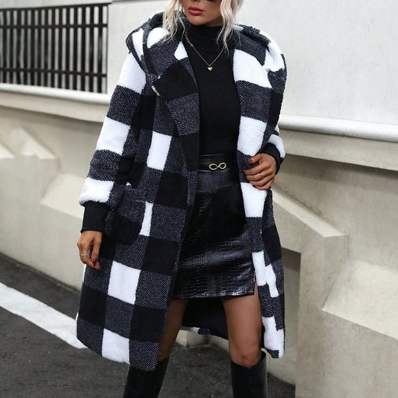 . Jackets & Blazers - Black & White Casual Preppy Womens Buffalo Plaid Pattern Hooded Teddy Coat